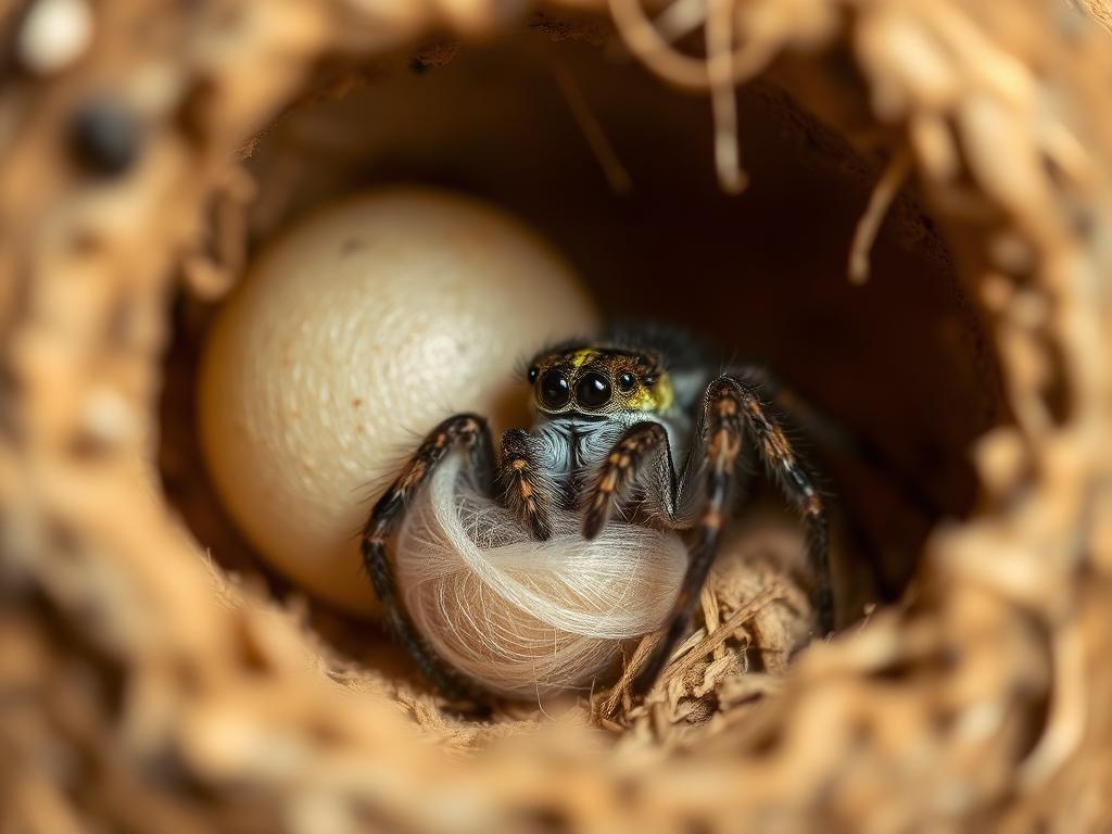 A Hyllus diardi jumping spider tending a silk egg sac inside its enclosure