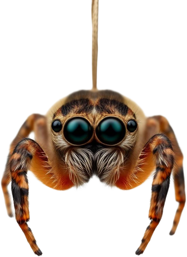 A cute real jumping spider dangling on a silk thread